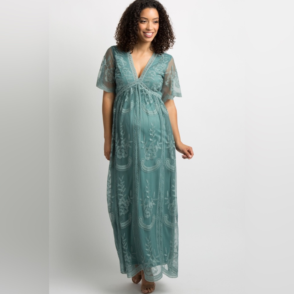 PINKBLUSH Sage Lace Mesh Overlay Maternity Maxi Dress - XL